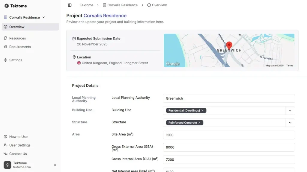 An overview of the Corvalis Residence project in ReqManager, with key details centralised.